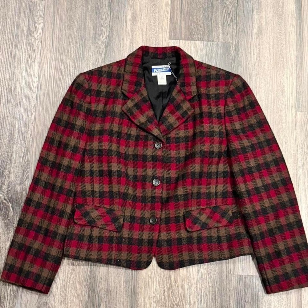 VTG Pendleton Tartan Cropped Women's Petite(12) Blazer Virgin Wool 3 Button